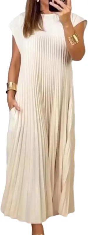Womens Summer Cap Short Sleeve Maxi Dress 2025 Pleated Casual Loose Long Dresses with Pockets
