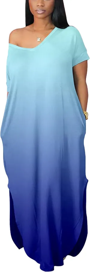 Women's Summer Casual Short Sleeve V Neck Tshirt Long Dress Loose Side Split Beach Maxi Dresses with Pocket