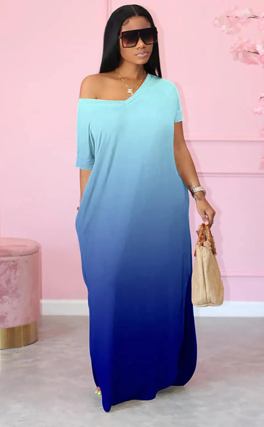 Women's Summer Casual Short Sleeve V Neck Tshirt Long Dress Loose Side Split Beach Maxi Dresses with Pocket