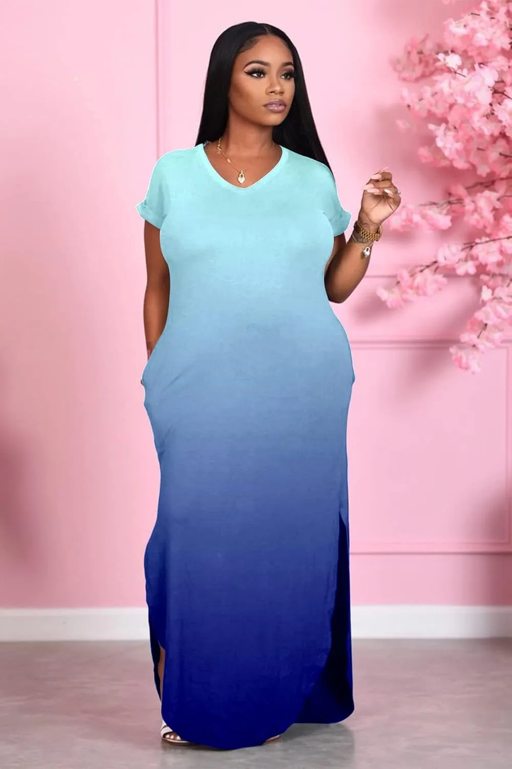 Women's Summer Casual Short Sleeve V Neck Tshirt Long Dress Loose Side Split Beach Maxi Dresses with Pocket