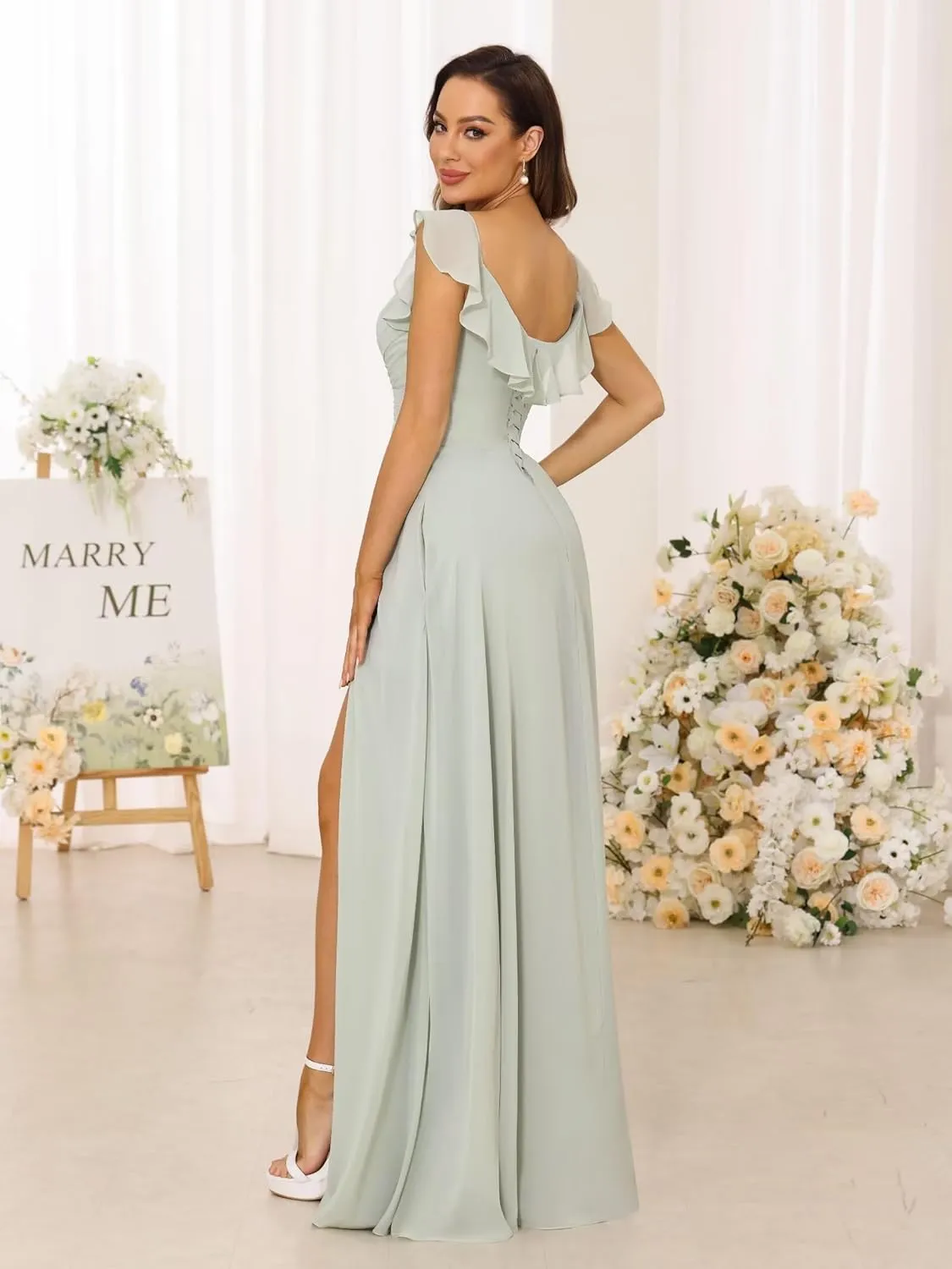 Women's V Neck Bridesmaid Dresses Long with Slit Ruffle Sleeves A Line Chiffon Formal Evening Dress with Pockets VS039