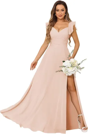 Women's V Neck Bridesmaid Dresses Long with Slit Ruffle Sleeves A Line Chiffon Formal Evening Dress with Pockets VS039