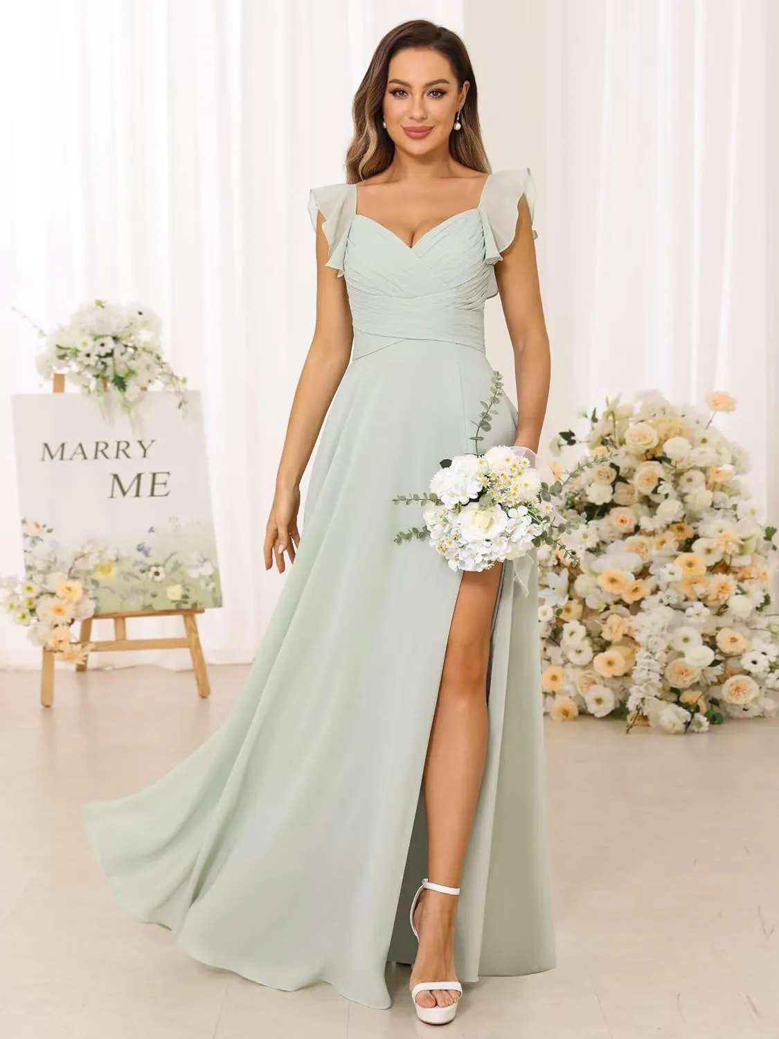 Women's V Neck Bridesmaid Dresses Long with Slit Ruffle Sleeves A Line Chiffon Formal Evening Dress with Pockets VS039