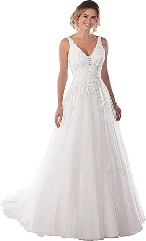 Women's V Neck Lace Wedding Dresses for Bride 2025 Lace Appliques A Line Beach Wedding Gown