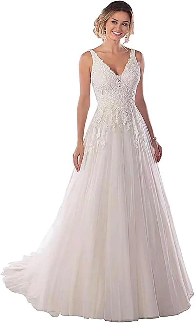 Women's V Neck Lace Wedding Dresses for Bride 2025 Lace Appliques A Line Beach Wedding Gown