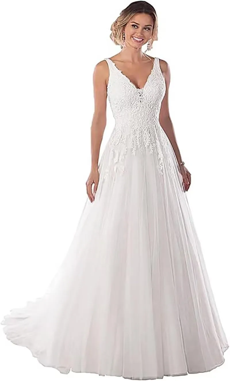 Women's V Neck Lace Wedding Dresses for Bride 2025 Lace Appliques A Line Beach Wedding Gown