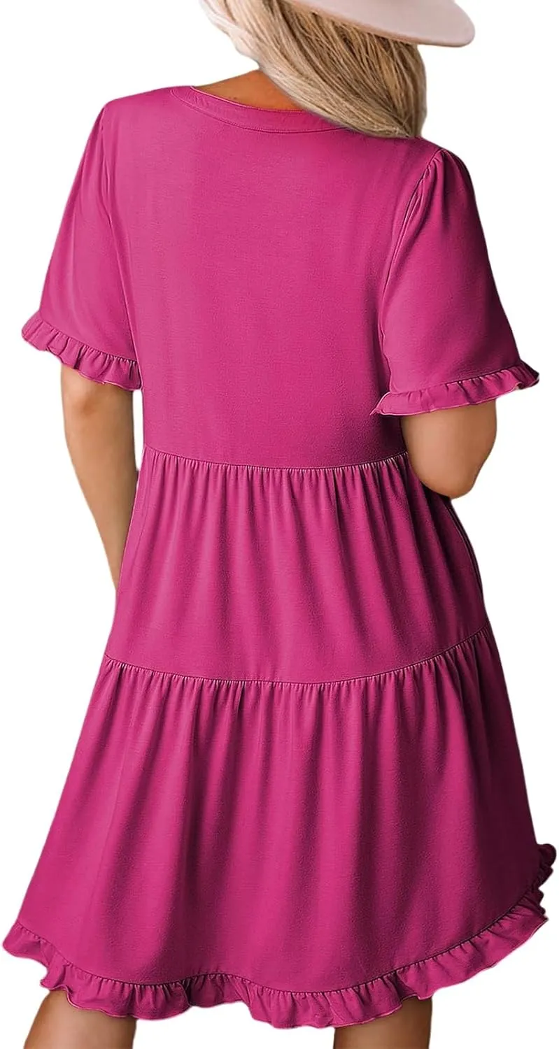 Women's V Neck Tunic Dresses Ruffle Sleeve A Line Tiered Flowy Swing Shift Dress Mini Loose Fit Dress Sundress 2025