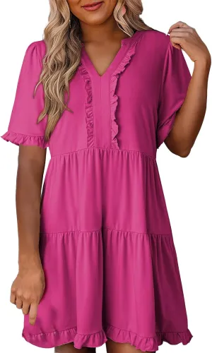 Women's V Neck Tunic Dresses Ruffle Sleeve A Line Tiered Flowy Swing Shift Dress Mini Loose Fit Dress Sundress 2025
