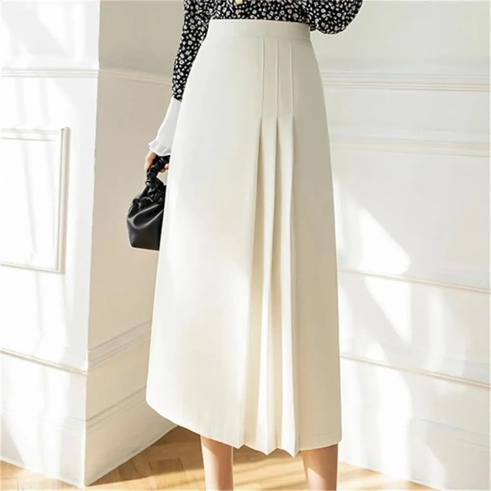 Women's Vintage Pleated Skirts Summer Solid High Waist Mid Length Swing Office A-Line Skirts