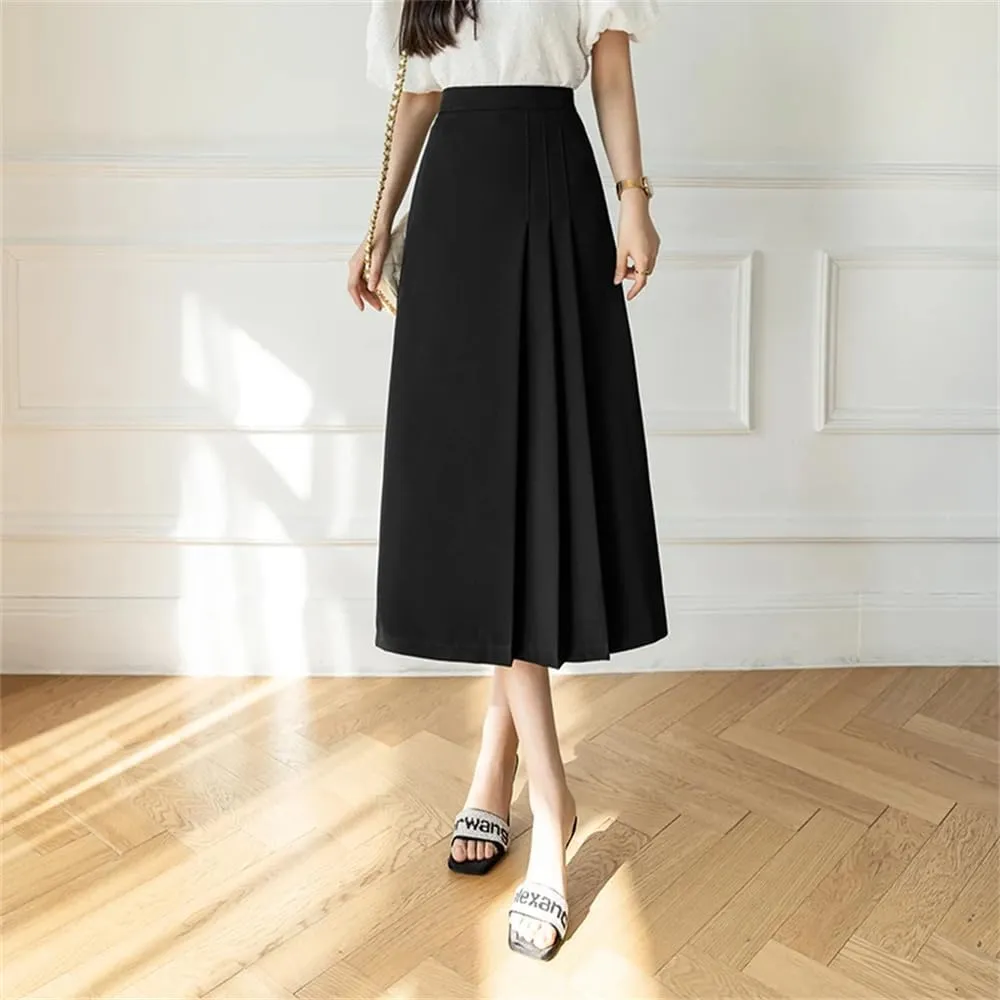 Women's Vintage Pleated Skirts Summer Solid High Waist Mid Length Swing Office A-Line Skirts