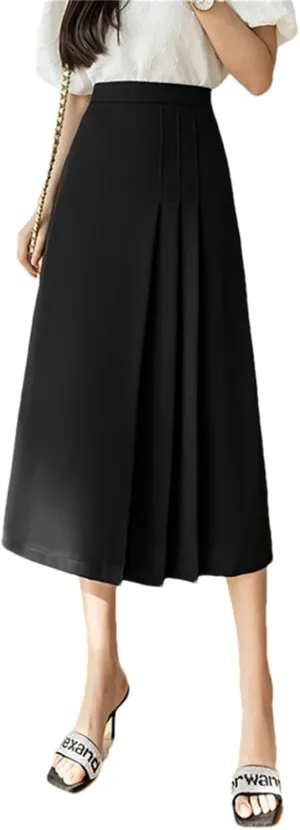 Women's Vintage Pleated Skirts Summer Solid High Waist Mid Length Swing Office A-Line Skirts