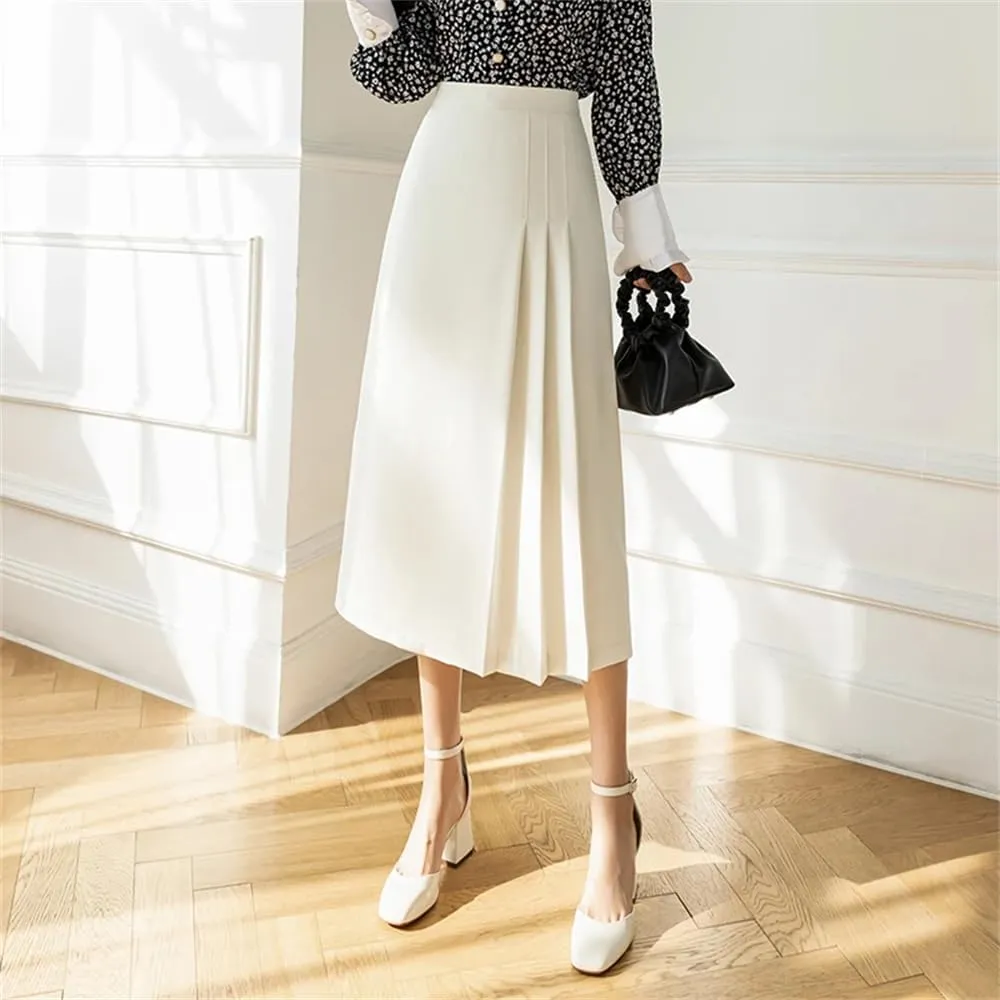 Women's Vintage Pleated Skirts Summer Solid High Waist Mid Length Swing Office A-Line Skirts