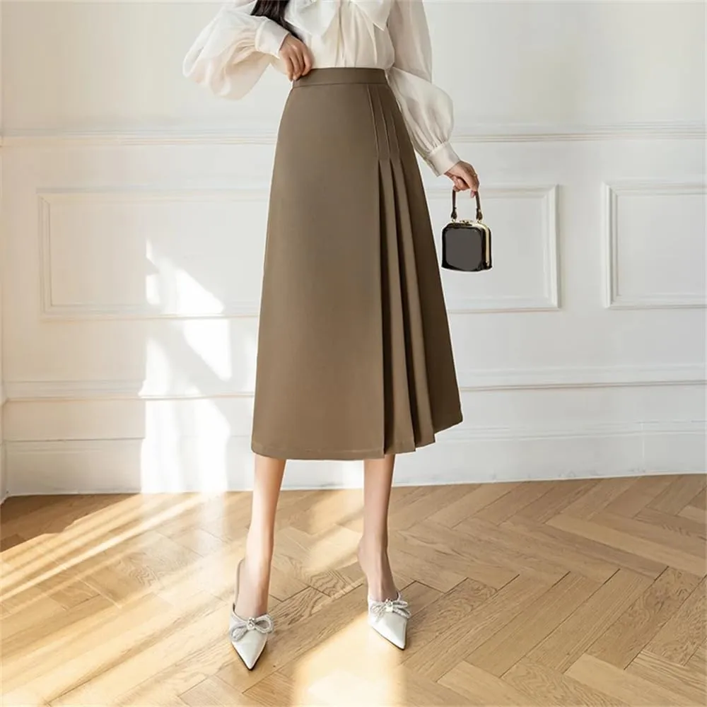 Women's Vintage Pleated Skirts Summer Solid High Waist Mid Length Swing Office A-Line Skirts
