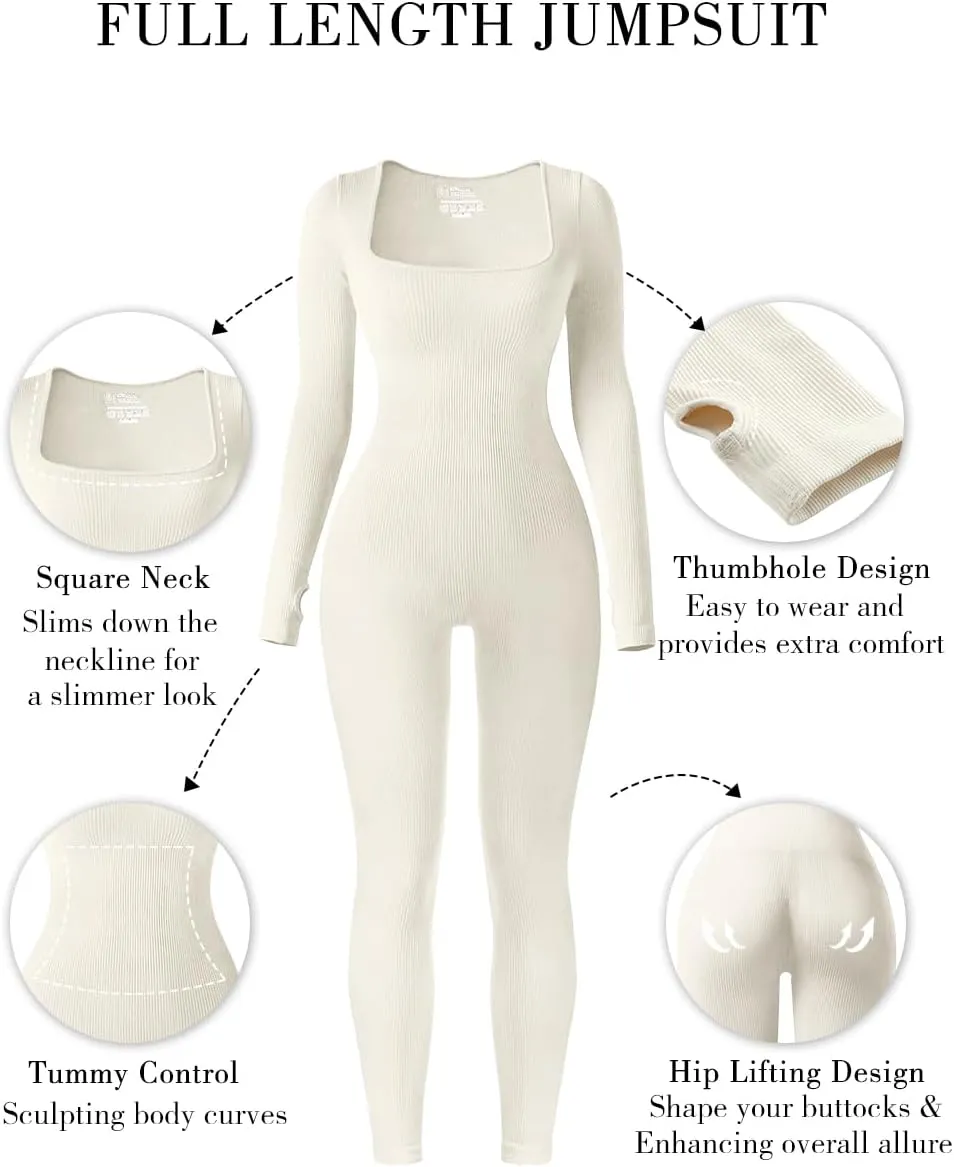 Women's Yoga Long Sleeve Jumpsuit with Tummy Control Workout Ribbed Bodysuit Square Neck Bodycon