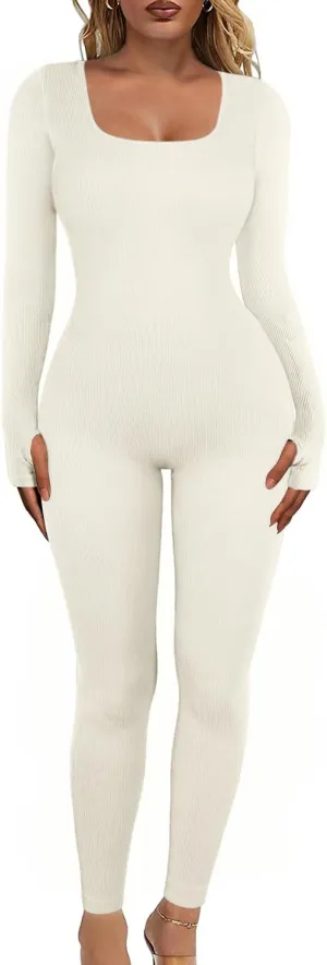 Women's Yoga Long Sleeve Jumpsuit with Tummy Control Workout Ribbed Bodysuit Square Neck Bodycon