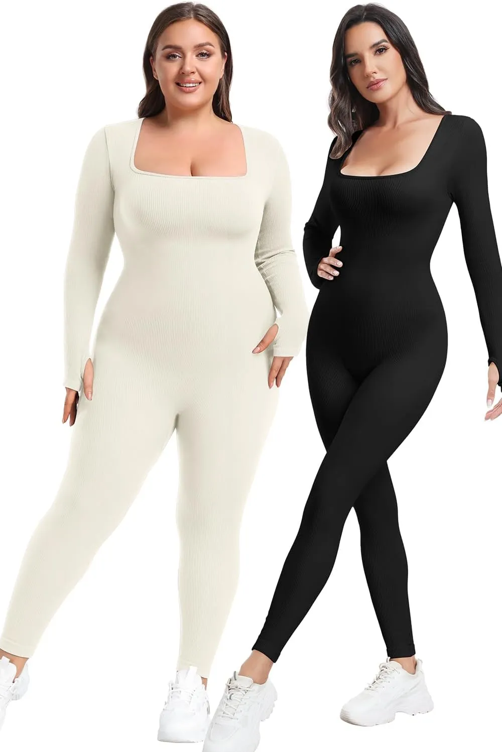 Women's Yoga Long Sleeve Jumpsuit with Tummy Control Workout Ribbed Bodysuit Square Neck Bodycon