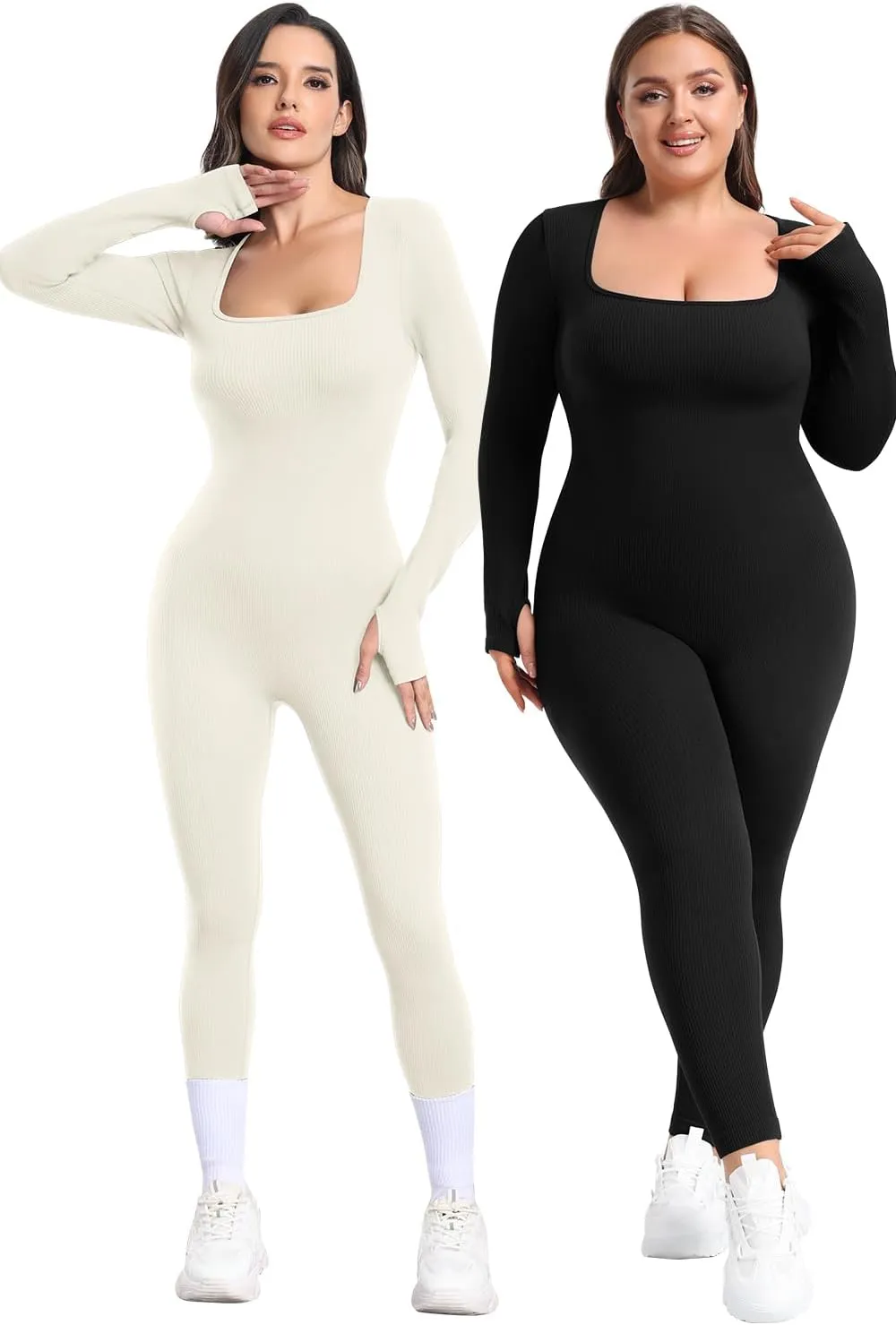 Women's Yoga Long Sleeve Jumpsuit with Tummy Control Workout Ribbed Bodysuit Square Neck Bodycon