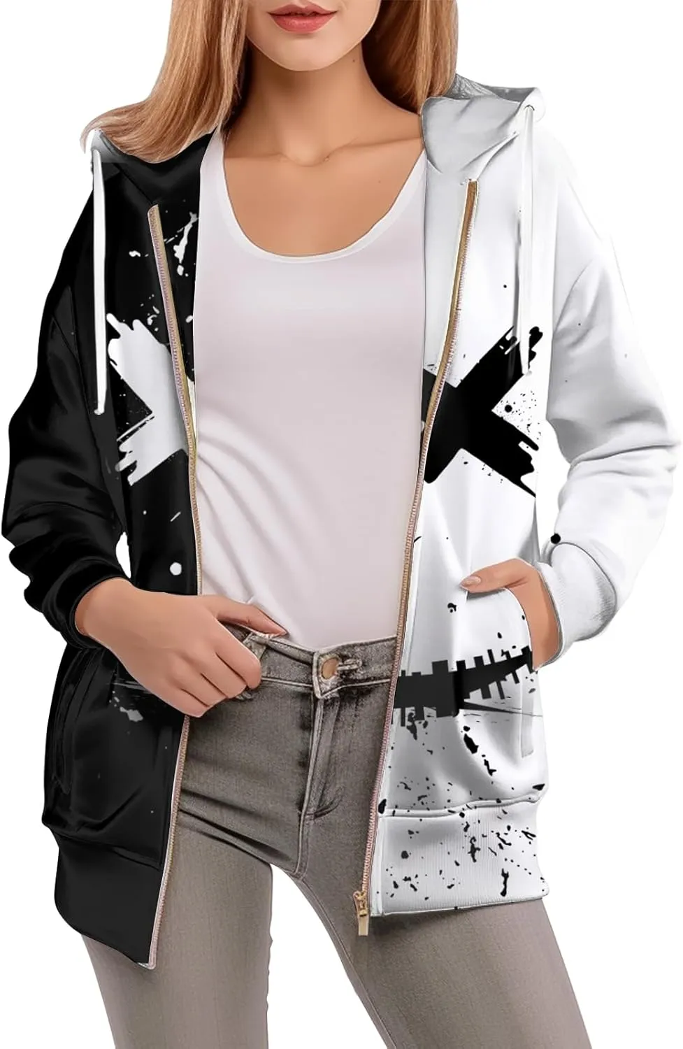 Womens Zip Front Plaid Sweatshirts Print Hoodie Fall Jackets Long Sleeve Casual Drawstring Clothes
