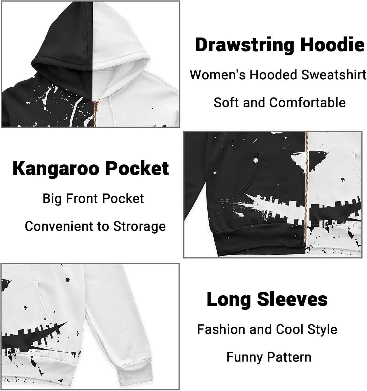 Womens Zip Front Plaid Sweatshirts Print Hoodie Fall Jackets Long Sleeve Casual Drawstring Clothes