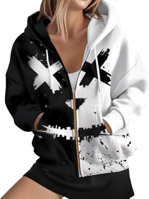 Womens Zip Front Plaid Sweatshirts Print Hoodie Fall Jackets Long Sleeve Casual Drawstring Clothes