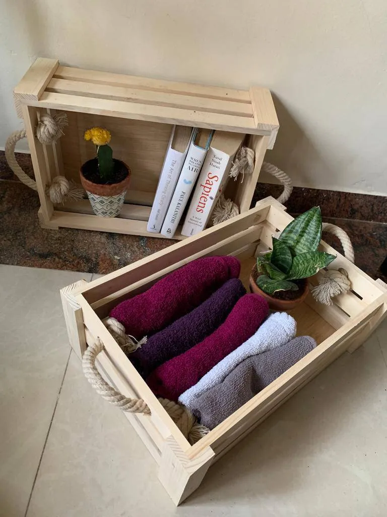 Wooden Crates with Holder | Pine Wood Storage Baskets | Medium