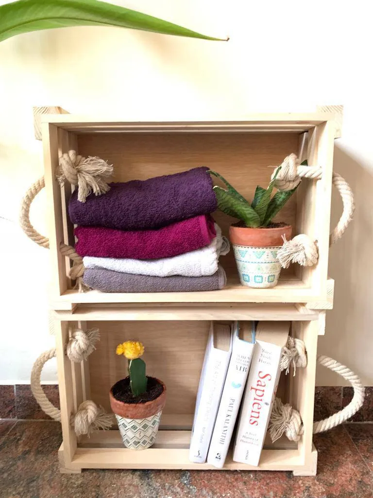 Wooden Crates with Holder | Pine Wood Storage Baskets | Medium