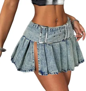 Wuitrie Denim Skirt Women Trendy Low Waist Side Split Sexy Jeans Mini Skirt Casual Cowboy Pleated Skirts