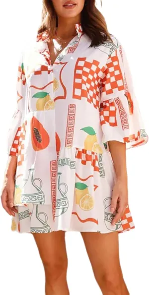 XYGJZ Womens Summer Short Ruffle Sleeve Sundress Loose V Neck Flowy Swing Mini Dress