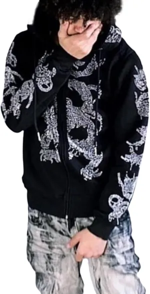 Y2k Black Rhinestone Zip Up Hoodie Women Oversized Sweatshirt Grunge Aesthetic Hoodies Men Casual Jackets Streetwears