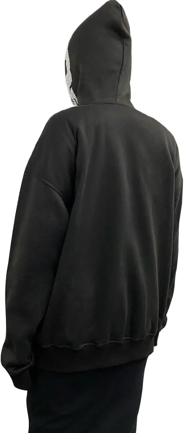 Y2k Black Rhinestone Zip Up Hoodie Women Oversized Sweatshirt Grunge Aesthetic Hoodies Men Casual Jackets Streetwears