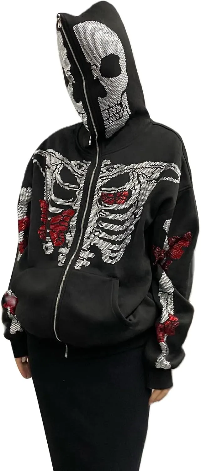 Y2k Black Rhinestone Zip Up Hoodie Women Oversized Sweatshirt Grunge Aesthetic Hoodies Men Casual Jackets Streetwears