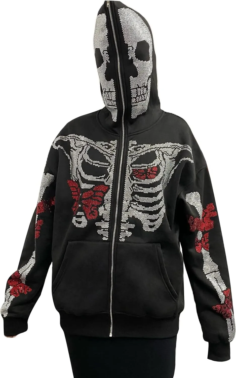 Y2k Black Rhinestone Zip Up Hoodie Women Oversized Sweatshirt Grunge Aesthetic Hoodies Men Casual Jackets Streetwears