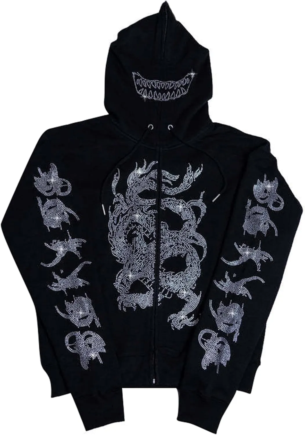 Y2k Black Rhinestone Zip Up Hoodie Women Oversized Sweatshirt Grunge Aesthetic Hoodies Men Casual Jackets Streetwears