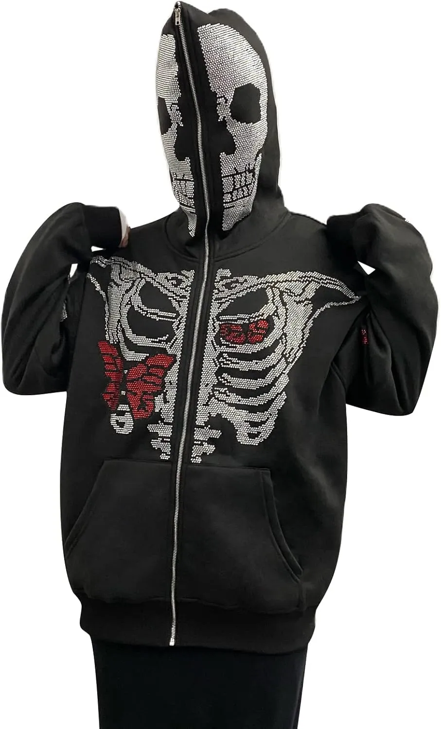 Y2k Black Rhinestone Zip Up Hoodie Women Oversized Sweatshirt Grunge Aesthetic Hoodies Men Casual Jackets Streetwears