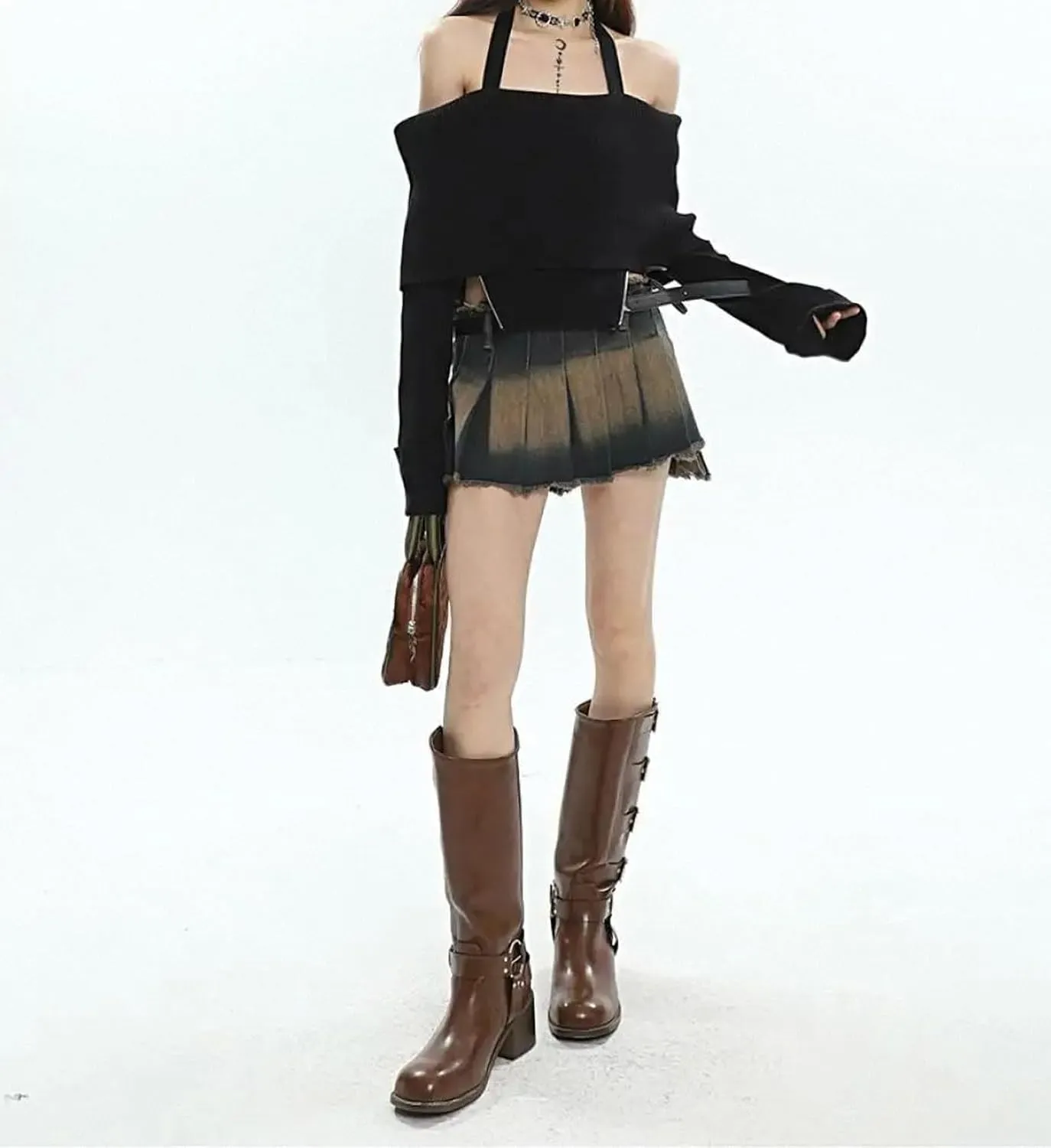 Y2K Vintage Women Irregular Pleated Denim Short Mini Skirts Retro Denim Streetwear Shorts Skirt High Waist A-Line Skirt