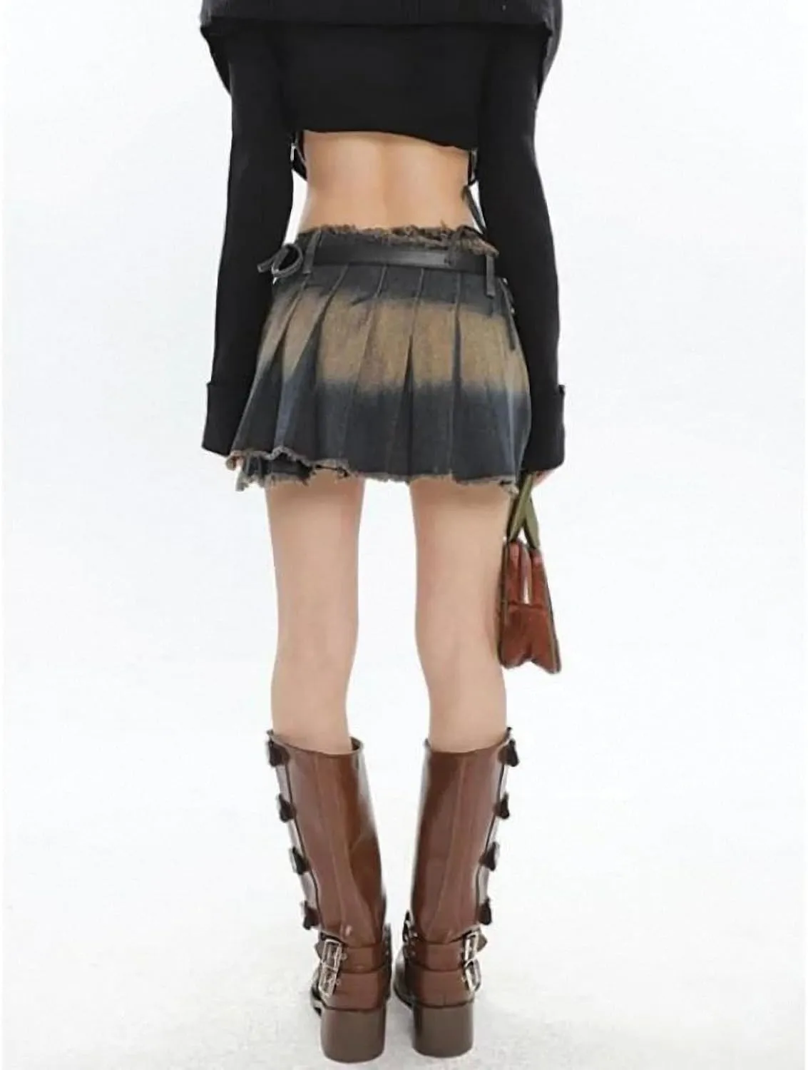 Y2K Vintage Women Irregular Pleated Denim Short Mini Skirts Retro Denim Streetwear Shorts Skirt High Waist A-Line Skirt