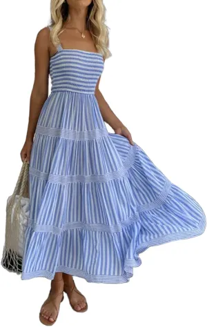 Y2k Women Striped Tiered Maxi Dress Sleeveless Spaghetti Strap Long Dresses Square Neck Bodycon Sundress Summer