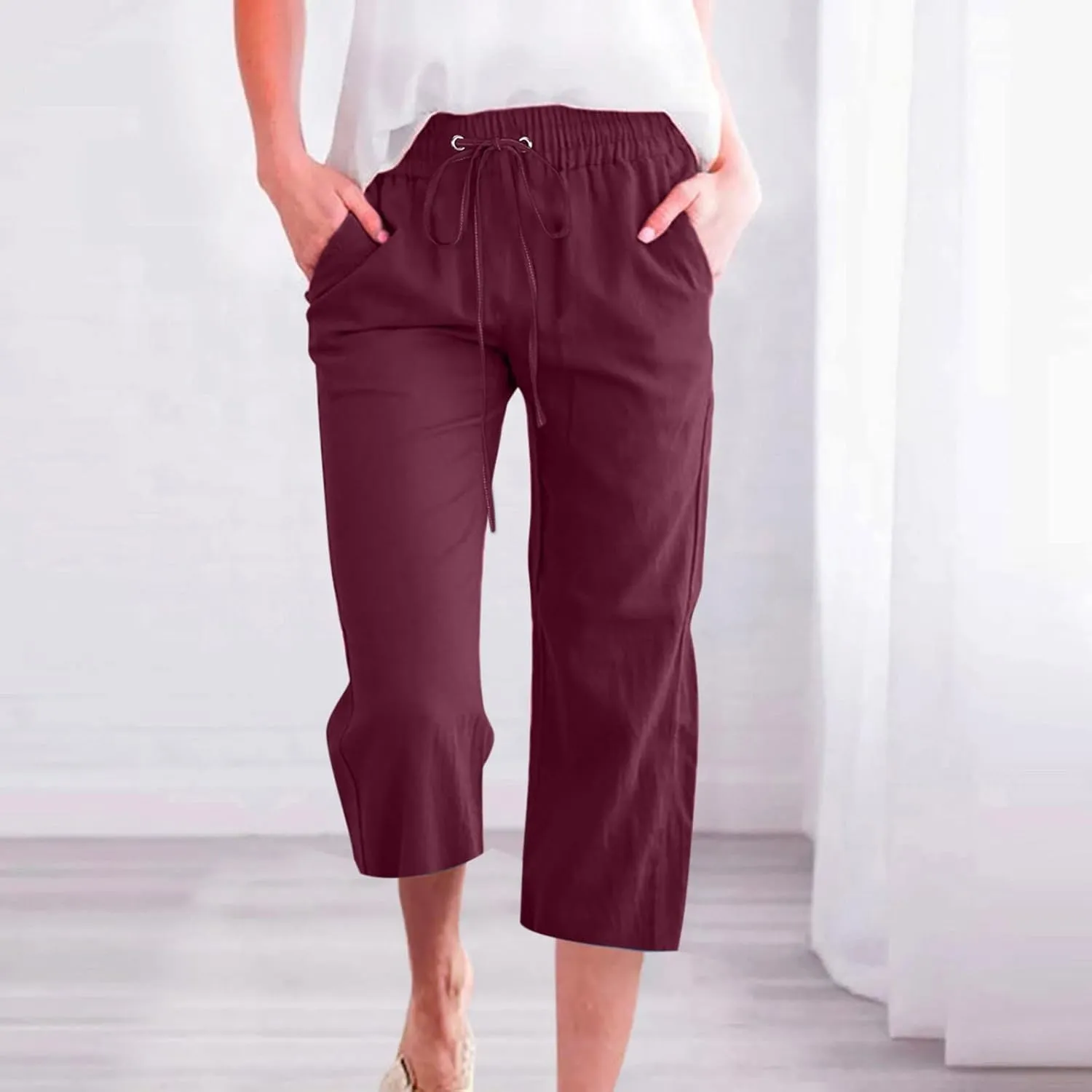 yardsong Capri Pants for Women Cotton Linen Casual Summer Pants Plus Size Drawstring Elastic Waist Capris with Pockets