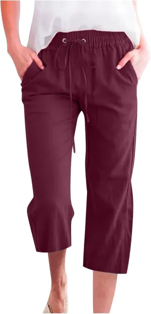 yardsong Capri Pants for Women Cotton Linen Casual Summer Pants Plus Size Drawstring Elastic Waist Capris with Pockets