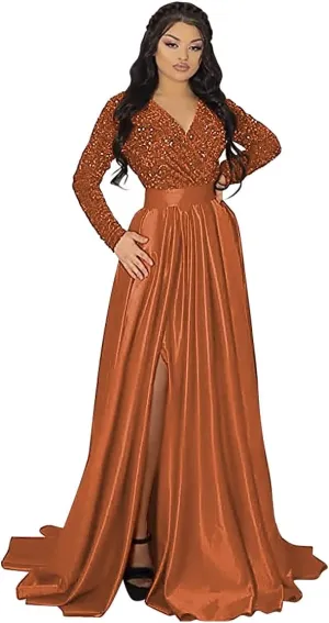 YMSHA Women's Sparkly Sequin Prom Ball Gown with Pockets Long Sleeve Satin Formal Evening Dress with Slit YMS224
