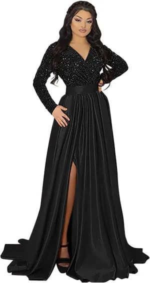 YMSHA Women's Sparkly Sequin Prom Ball Gown with Pockets Long Sleeve Satin Formal Evening Dress with Slit YMS224