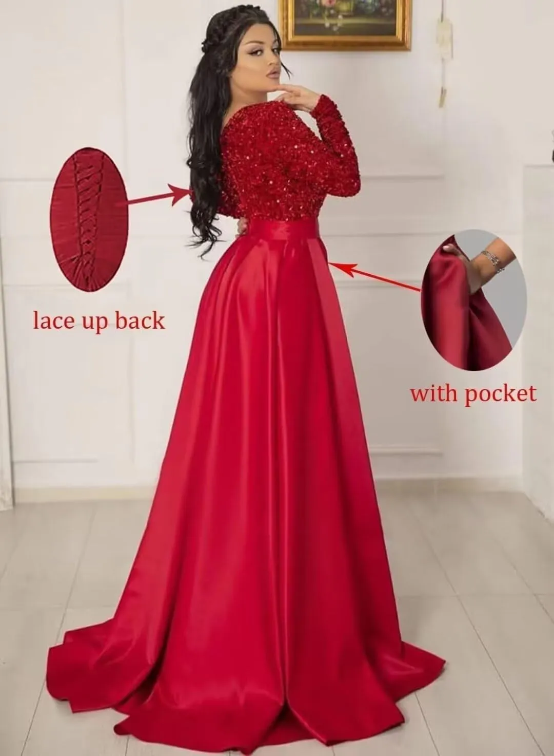 YMSHA Women's Sparkly Sequin Prom Ball Gown with Pockets Long Sleeve Satin Formal Evening Dress with Slit YMS224