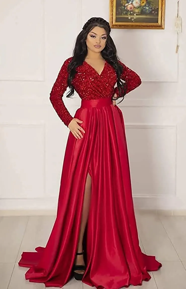 YMSHA Women's Sparkly Sequin Prom Ball Gown with Pockets Long Sleeve Satin Formal Evening Dress with Slit YMS224
