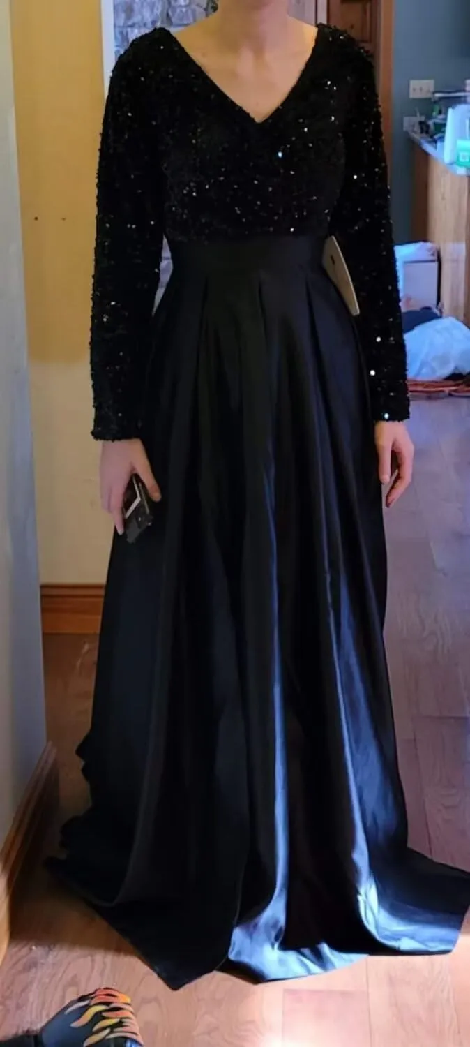 YMSHA Women's Sparkly Sequin Prom Ball Gown with Pockets Long Sleeve Satin Formal Evening Dress with Slit YMS224