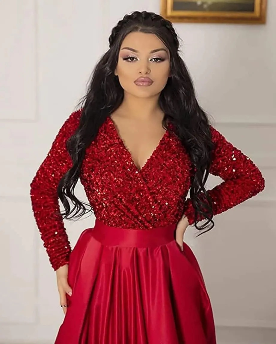 YMSHA Women's Sparkly Sequin Prom Ball Gown with Pockets Long Sleeve Satin Formal Evening Dress with Slit YMS224