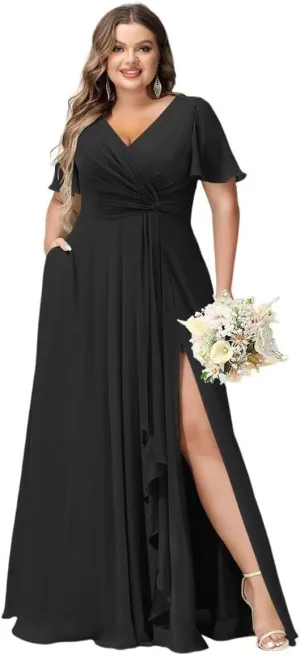 YOFF Flutter Sleeves Long Bridesmaid Dress with Pockets Ruched Chiffon Long A-Line Formal Party Dresses with Slit YO063