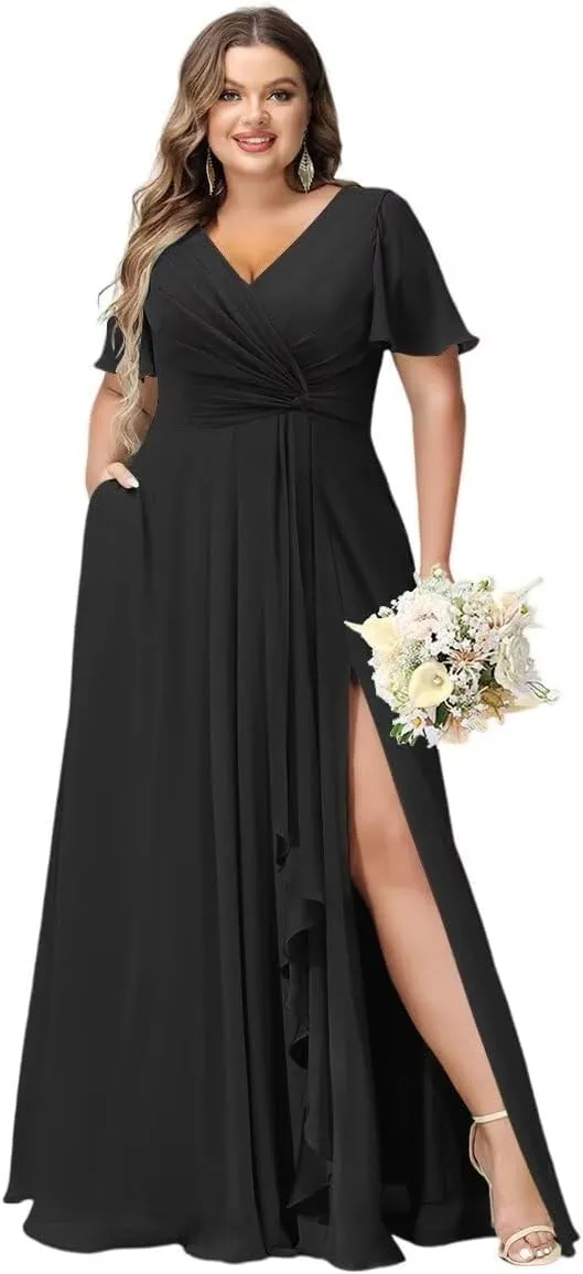 YOFF Flutter Sleeves Long Bridesmaid Dress with Pockets Ruched Chiffon Long A-Line Formal Party Dresses with Slit YO063