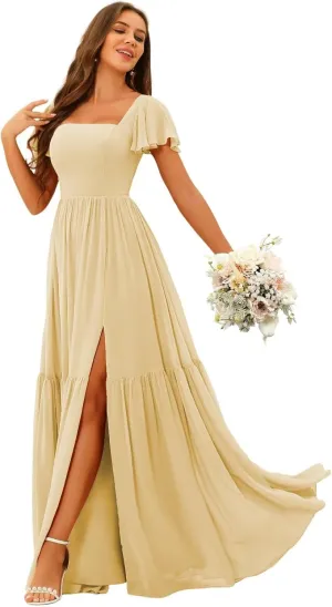 YOFF Square Neck Bridesmaid Dresses with Slit Flutter Sleeves Chiffon Long Maxi Formal Party Dresses with Pockets YO151