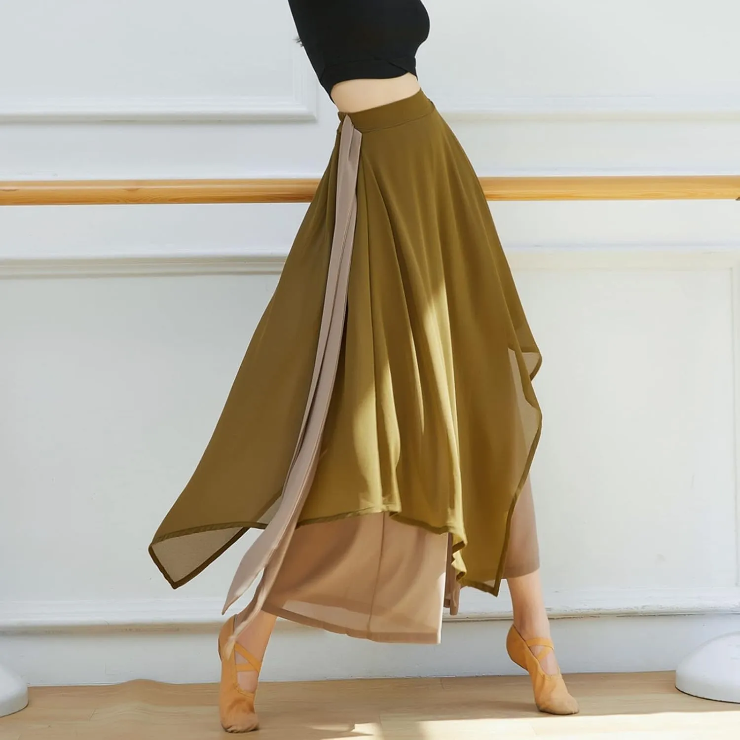 YOLAI Women's Casual Chiffon Pants Colour Blocking Dance Wide Legged Long Pants Practice Exercises Dance Training Pants