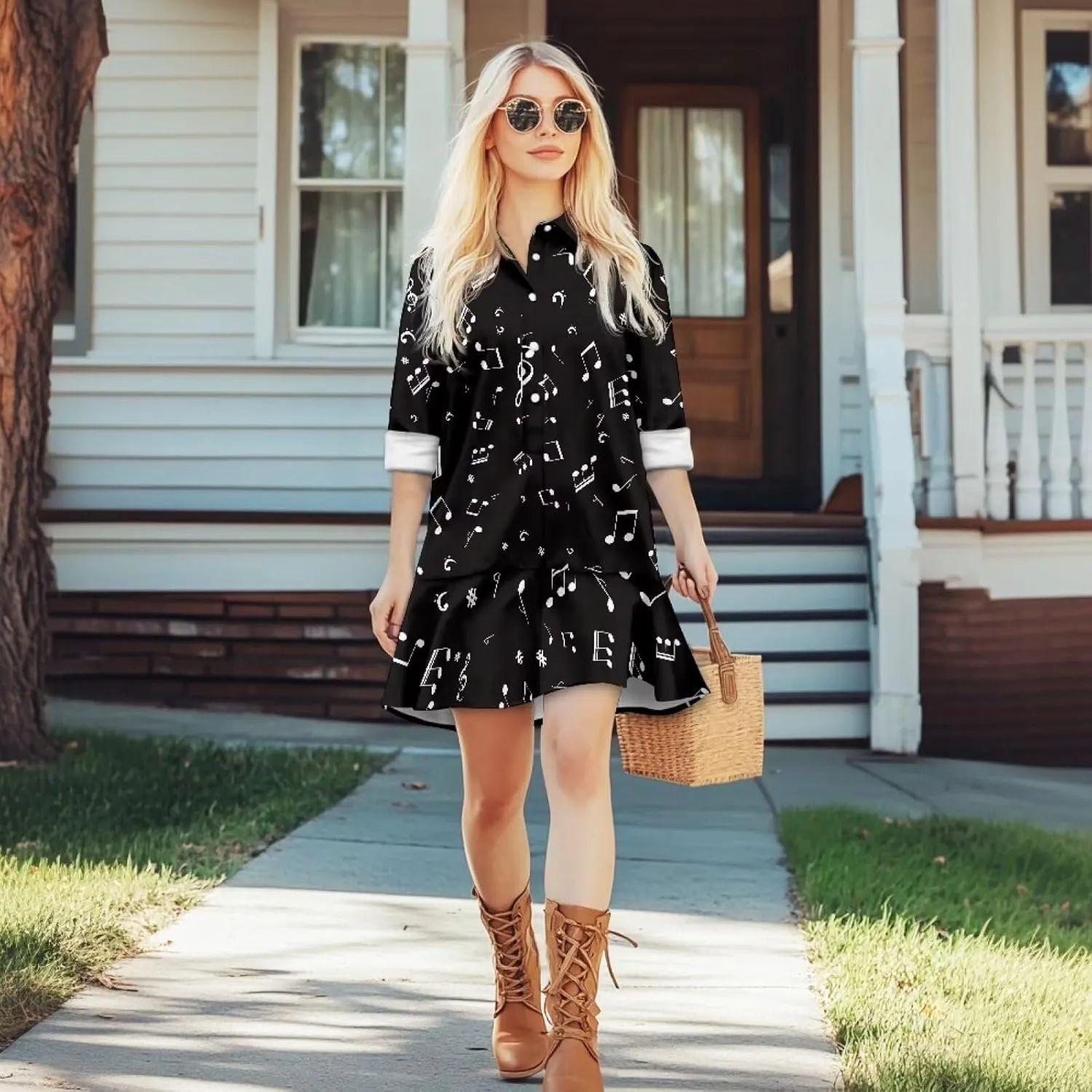 Youngerbaby Shirt Dresses for Woman Long Sleeve Mini Dresses Ruffle Hem Dresses with Pockets S-2XL